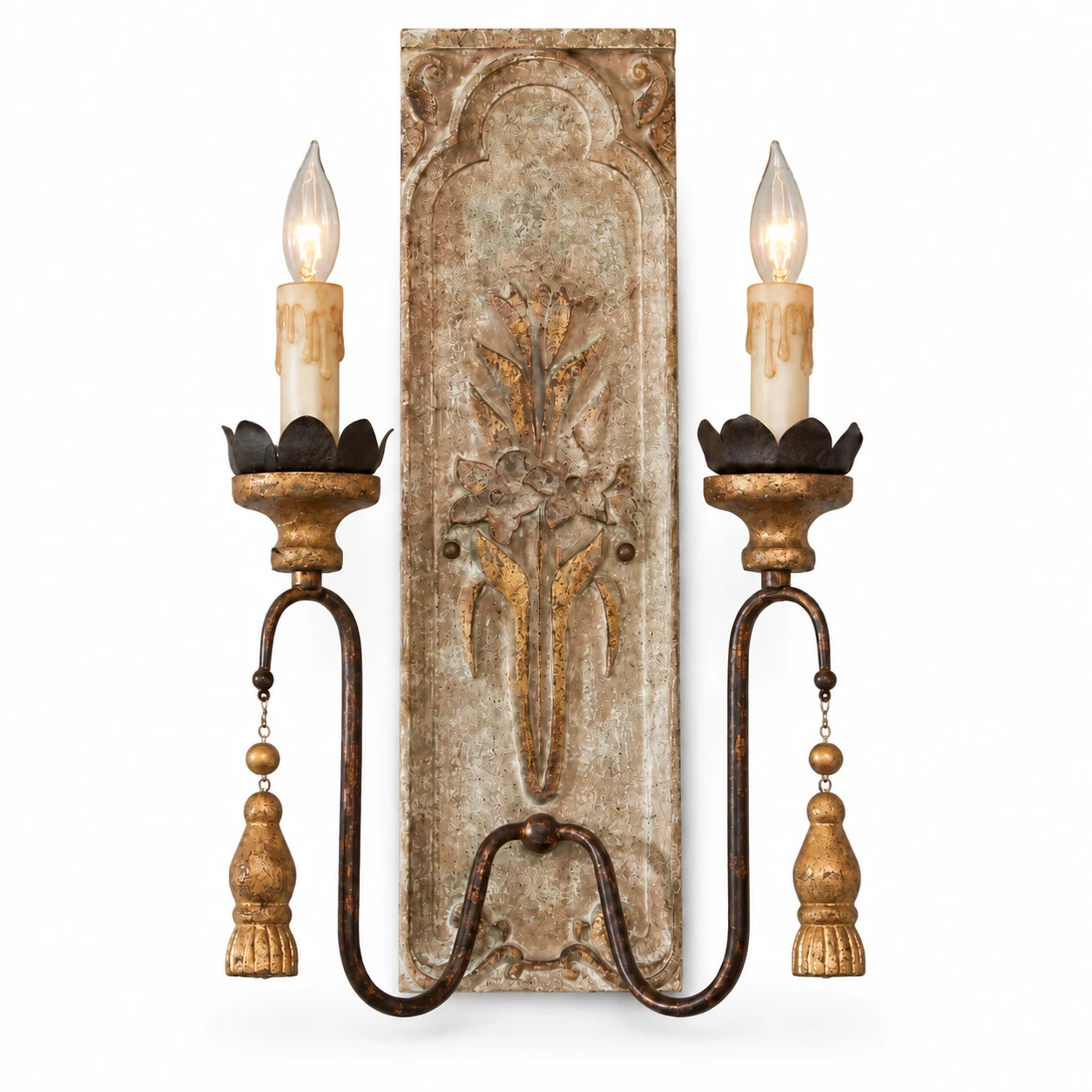 Camille double-head carved-wood wall sconce on a white background