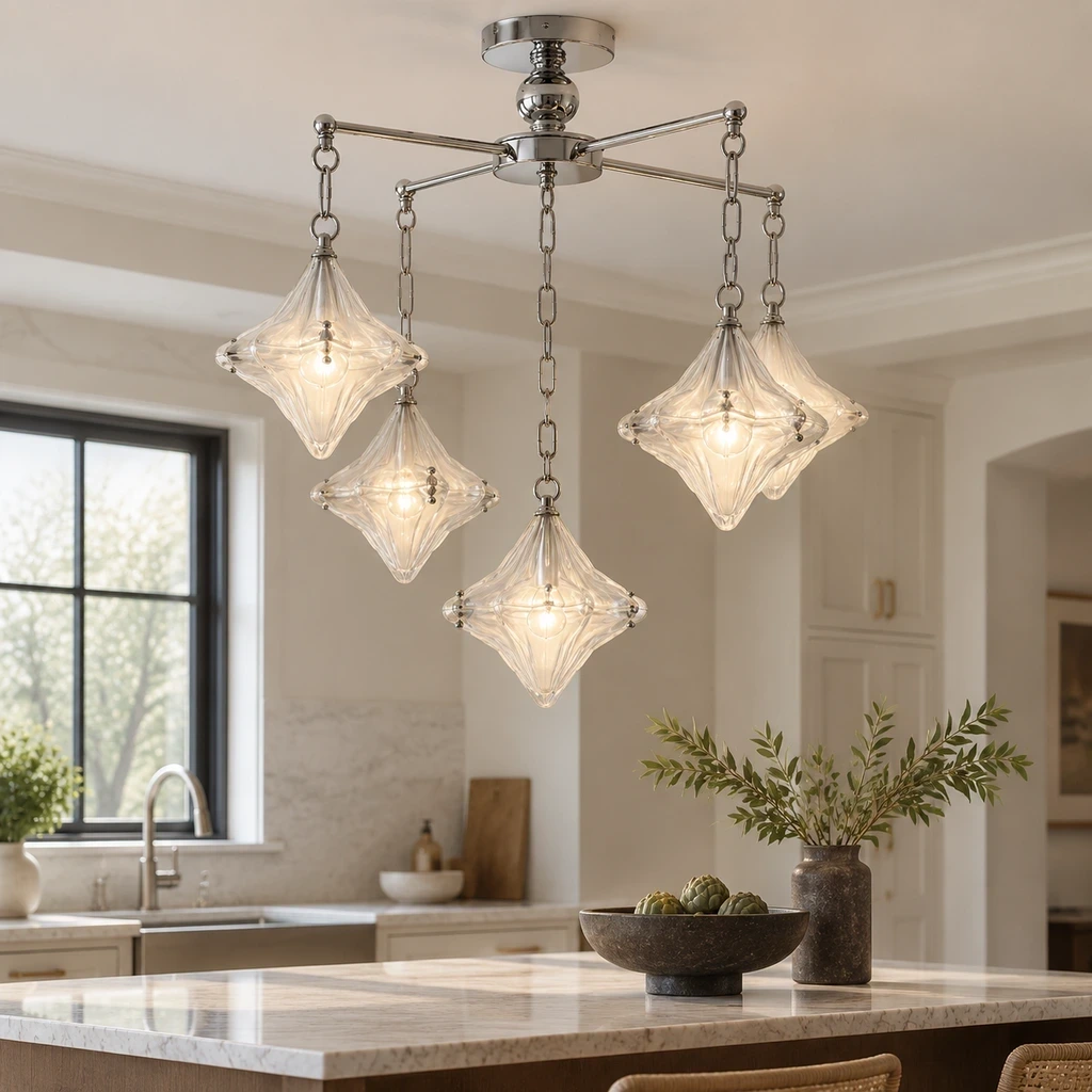 Lena Bauhaus Star Glass Alloy Chandelier in a bright kitchen