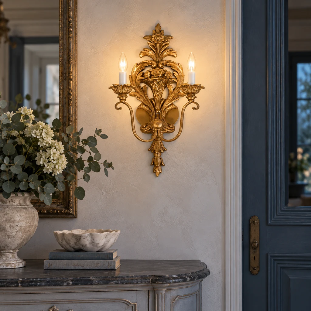Amelie wall sconce illuminated in an evening entry