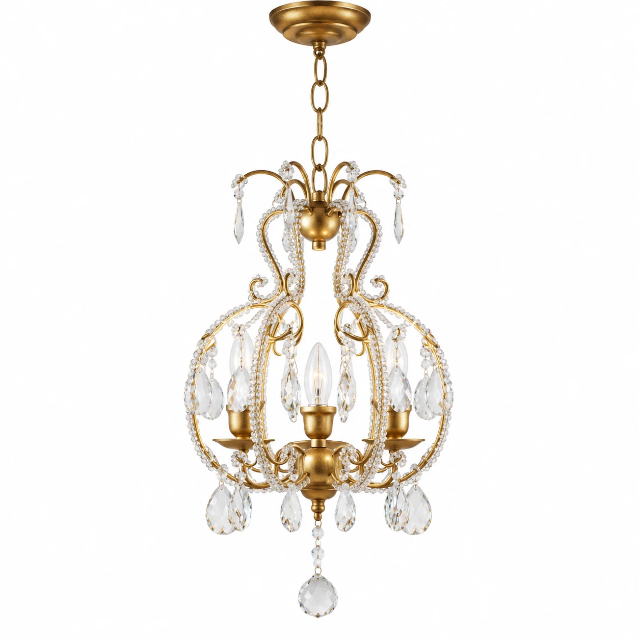 28 cm gold three-light crystal chandelier on white