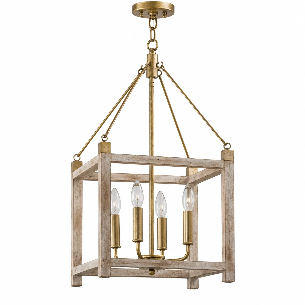 Milo American Rustic Four-Light Iron and Wood Chandelier on a clean white background