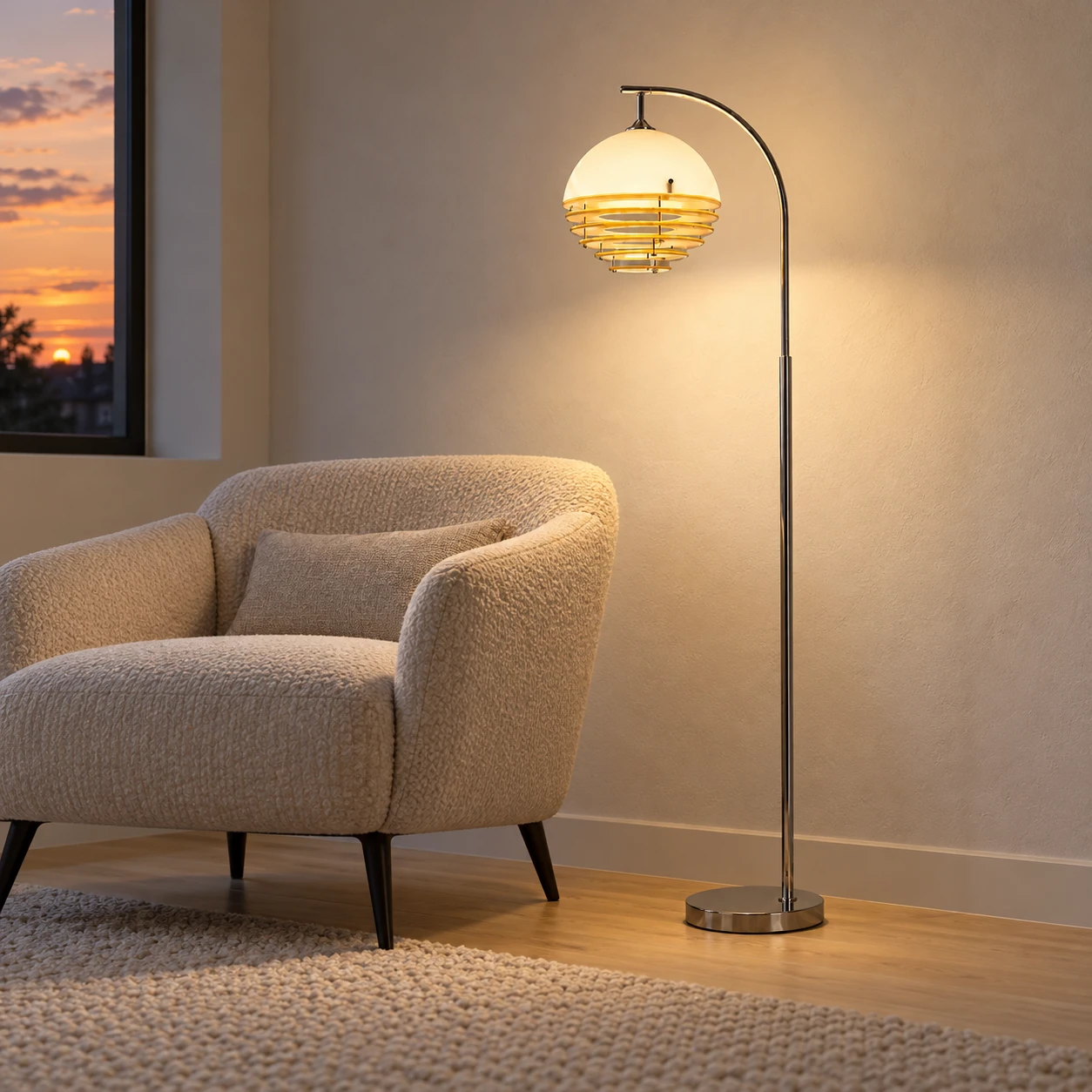 Calvero Size B floor light beside a chair at sunset