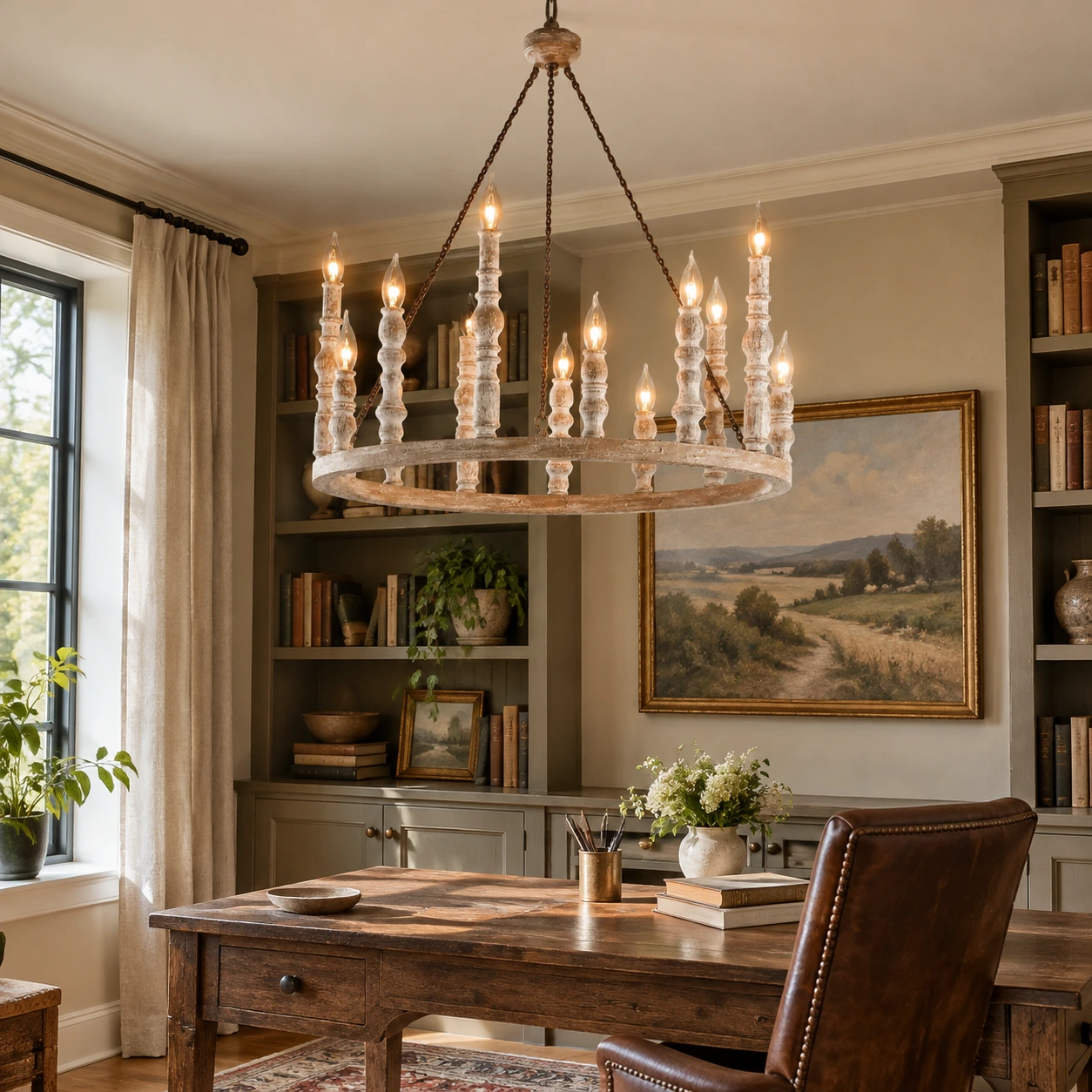 Mira Rustic Carved Wood Chandelier — 08 scene study single