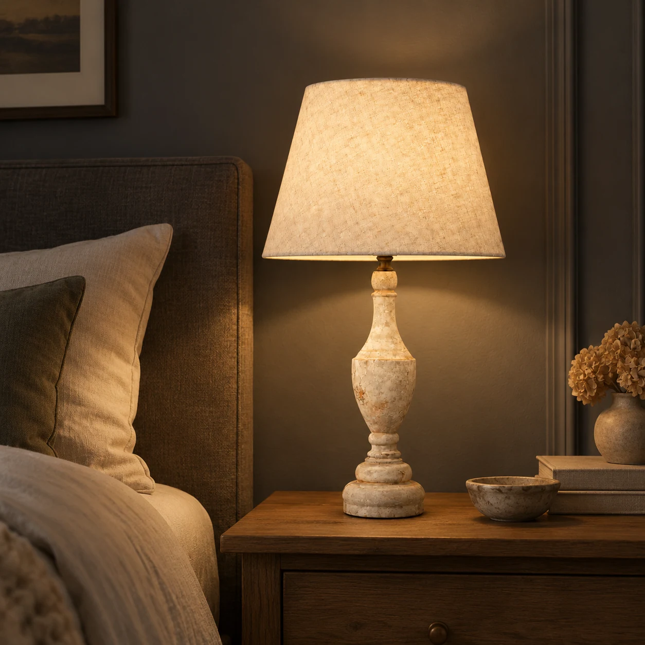 Antique white table lamp glowing in a bedroom