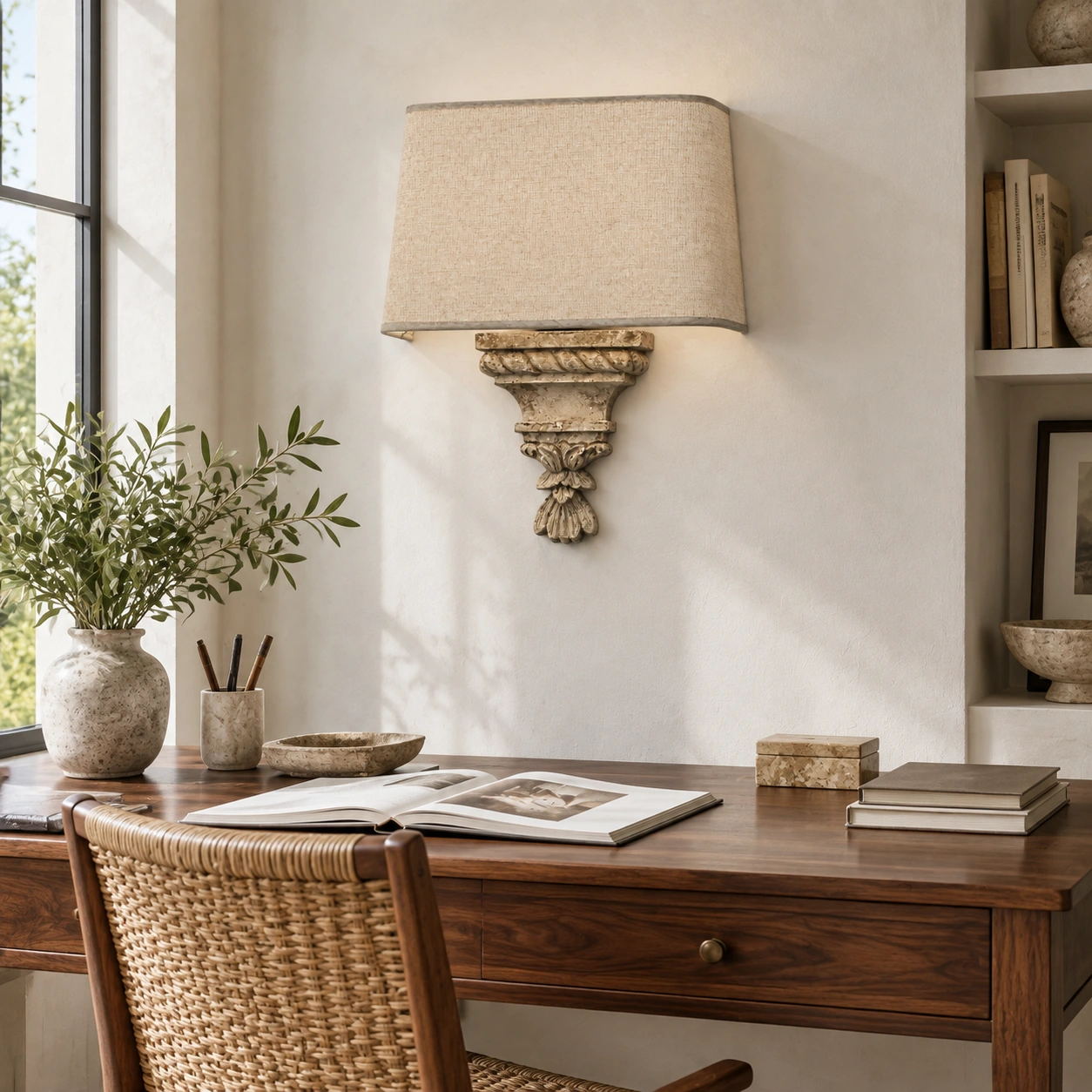 Amelie French country wall sconce in a study nook