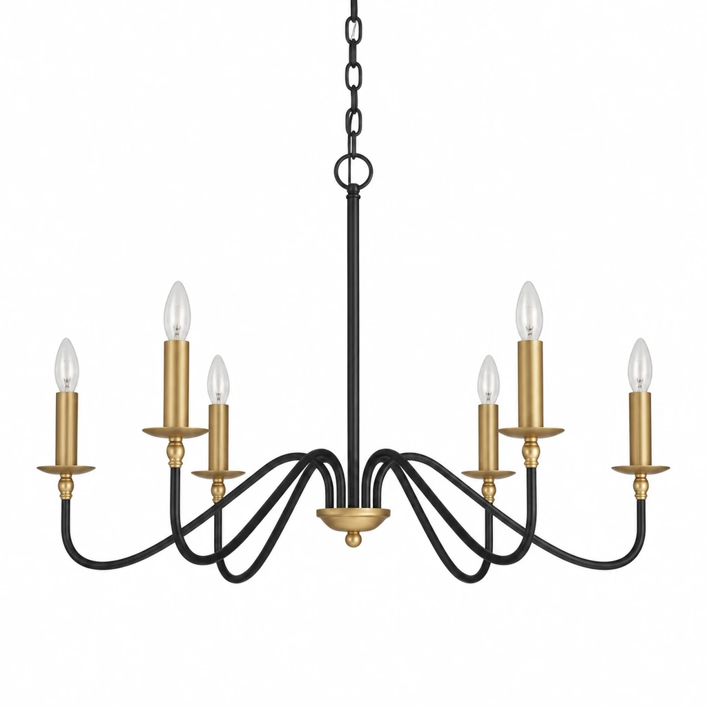 Arden black iron six-light chandelier with vintage-gold candle sockets on white