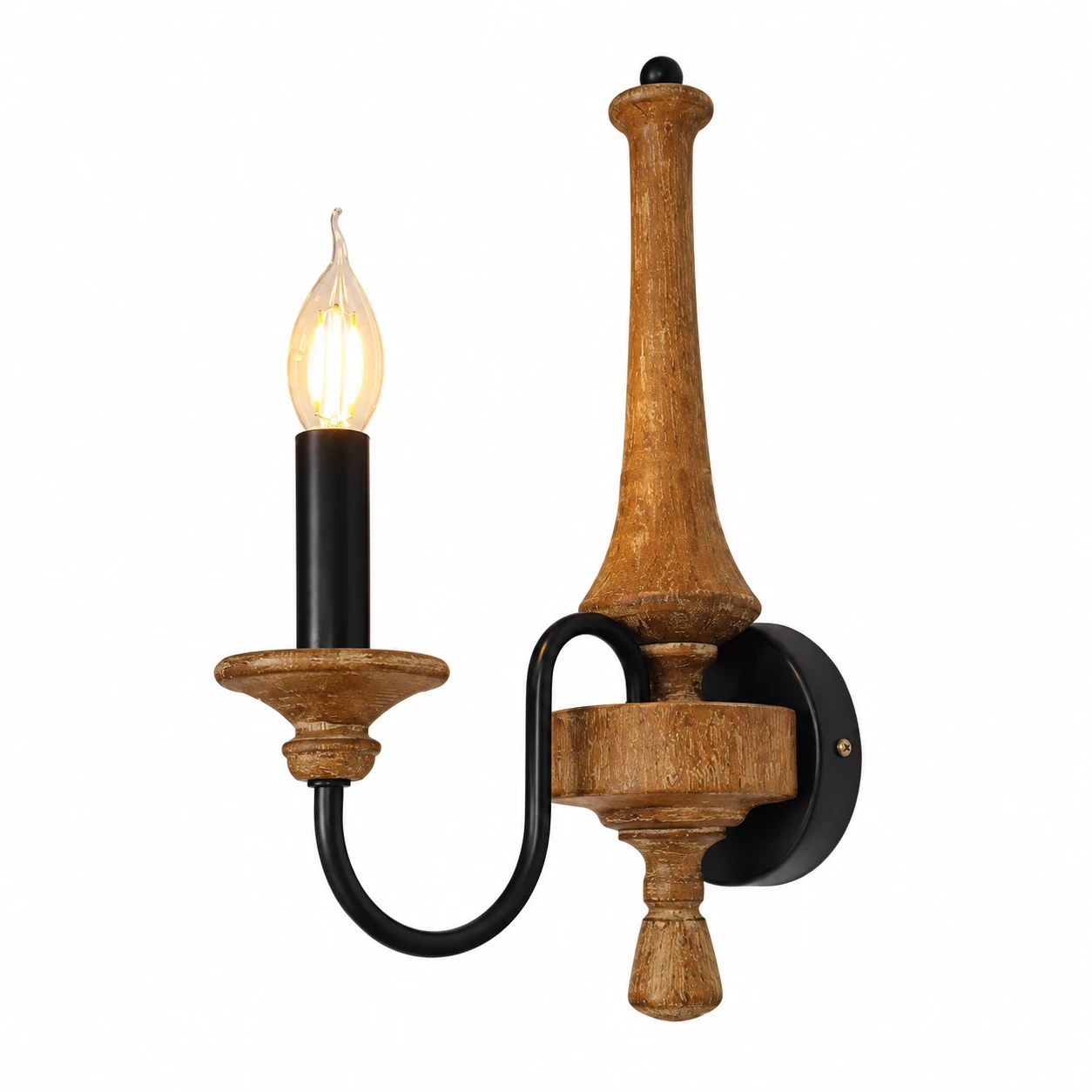 One-light American vintage carved wood wall sconce on a white background