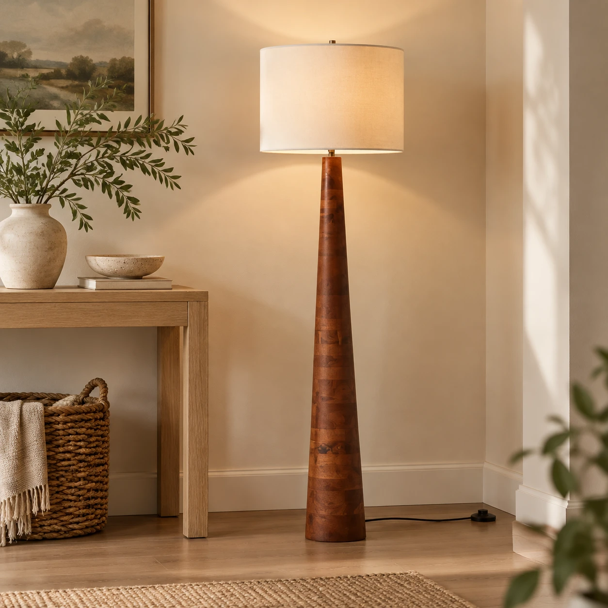 Marlow Rustic Carved Wood Floor Lamp — Carved wood floor lamp in an entry corner