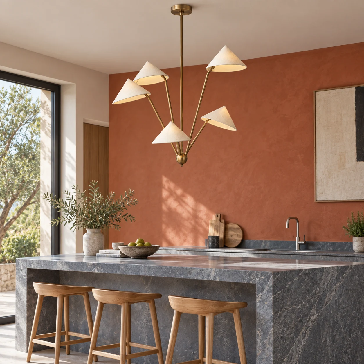 Five-light fabric shade pendant, kitchen-island scene