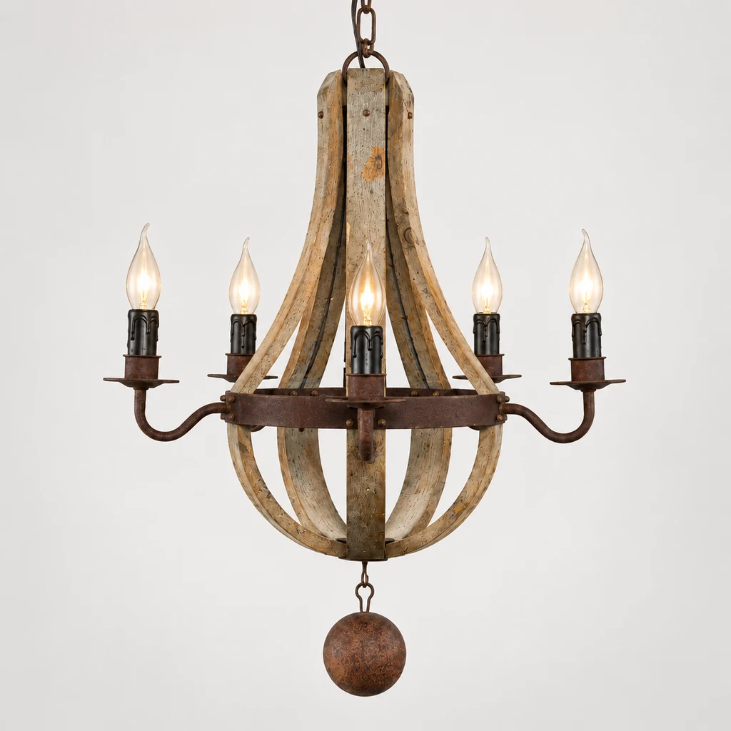 Elowen five-light pear-shaped wood chandelier switched on in a neutral studio