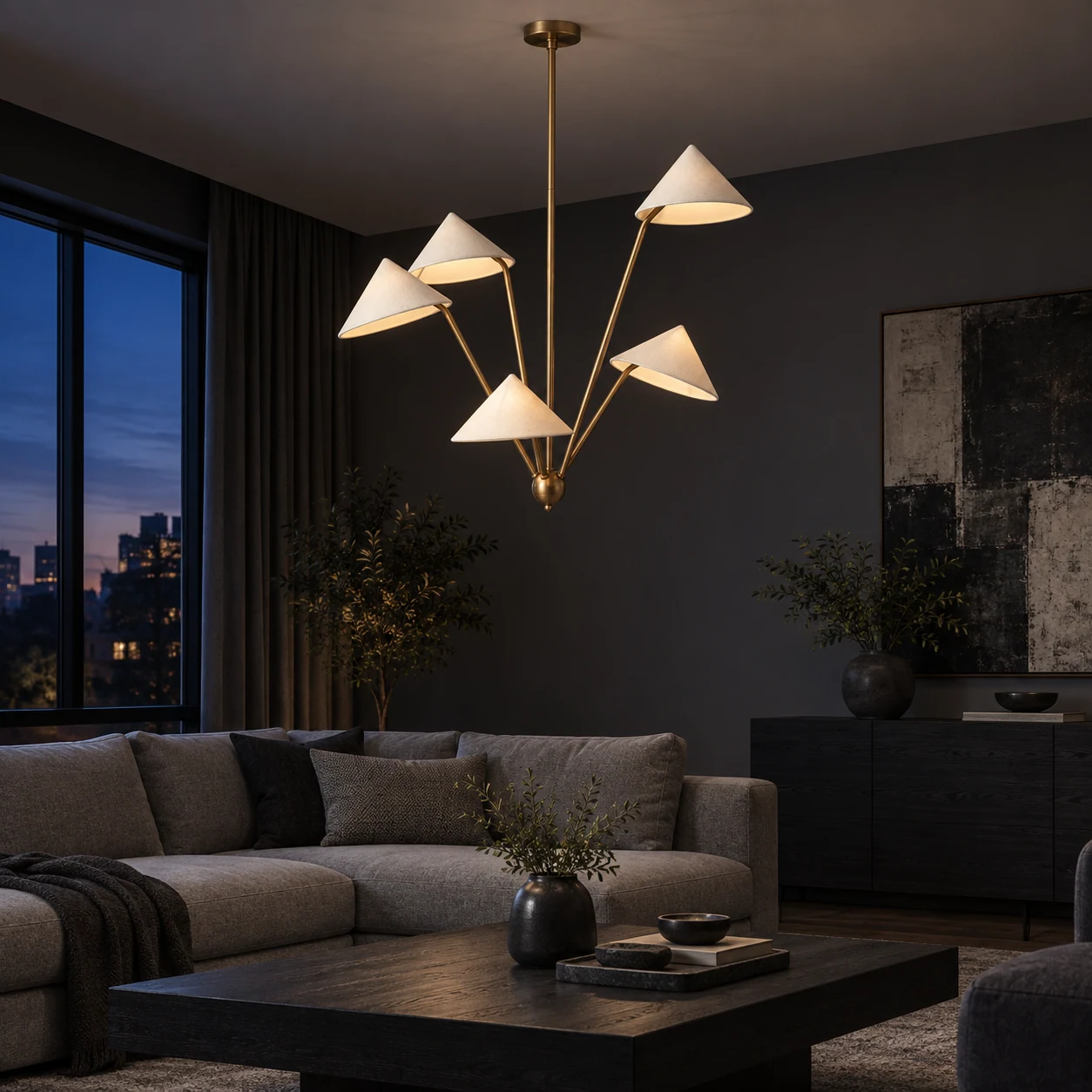 Five-light fabric shade pendant, early-evening living scene