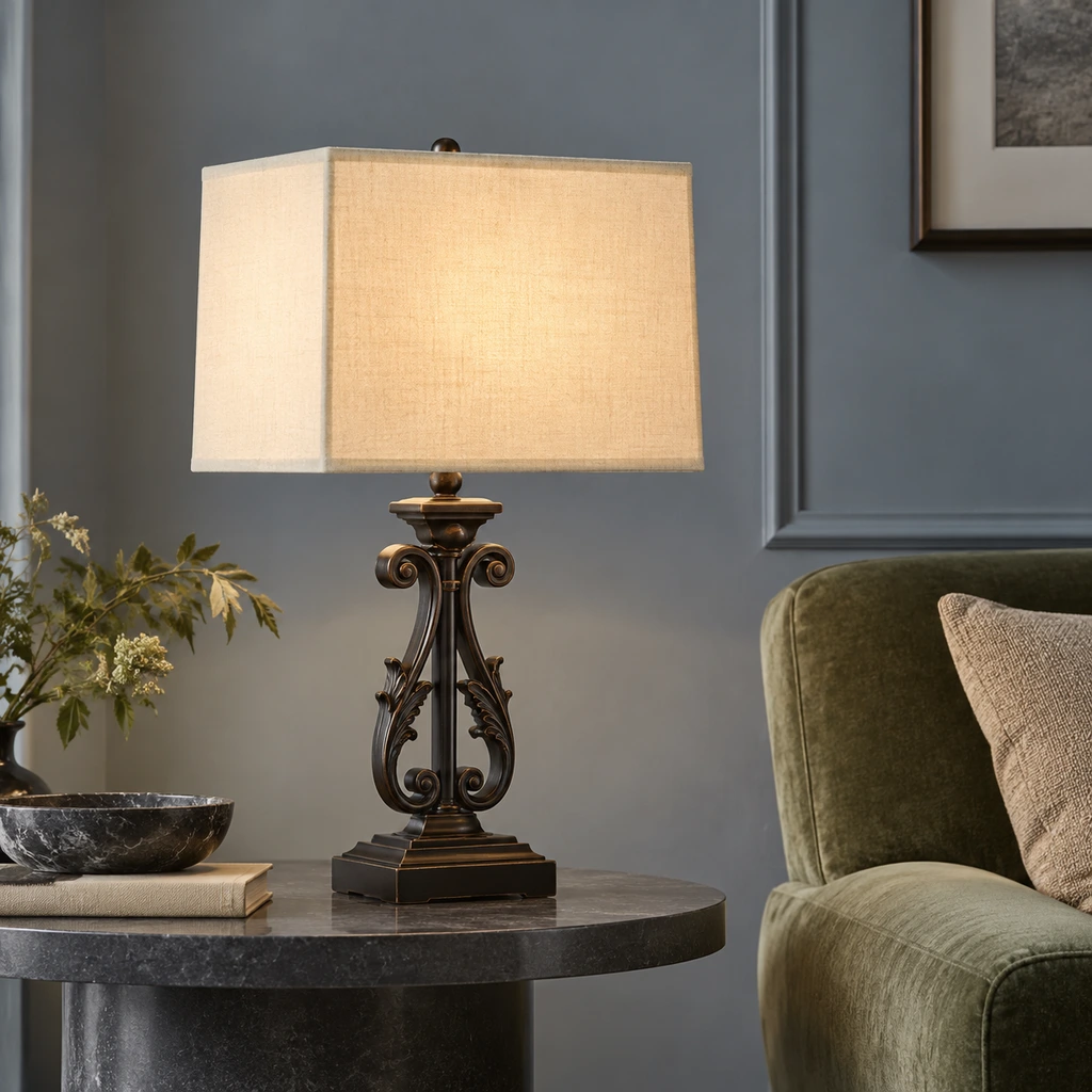 Rothbury ornate table lamp switched off in a neutral studio