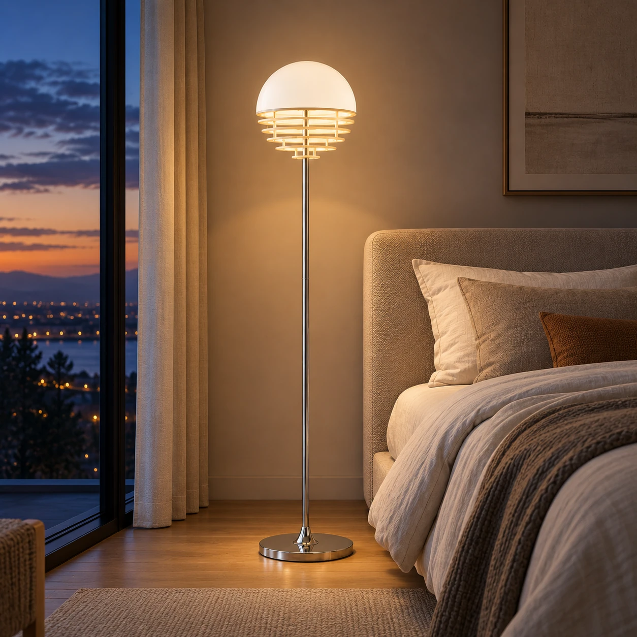 Calvero Size A floor light beside a bed at blue hour