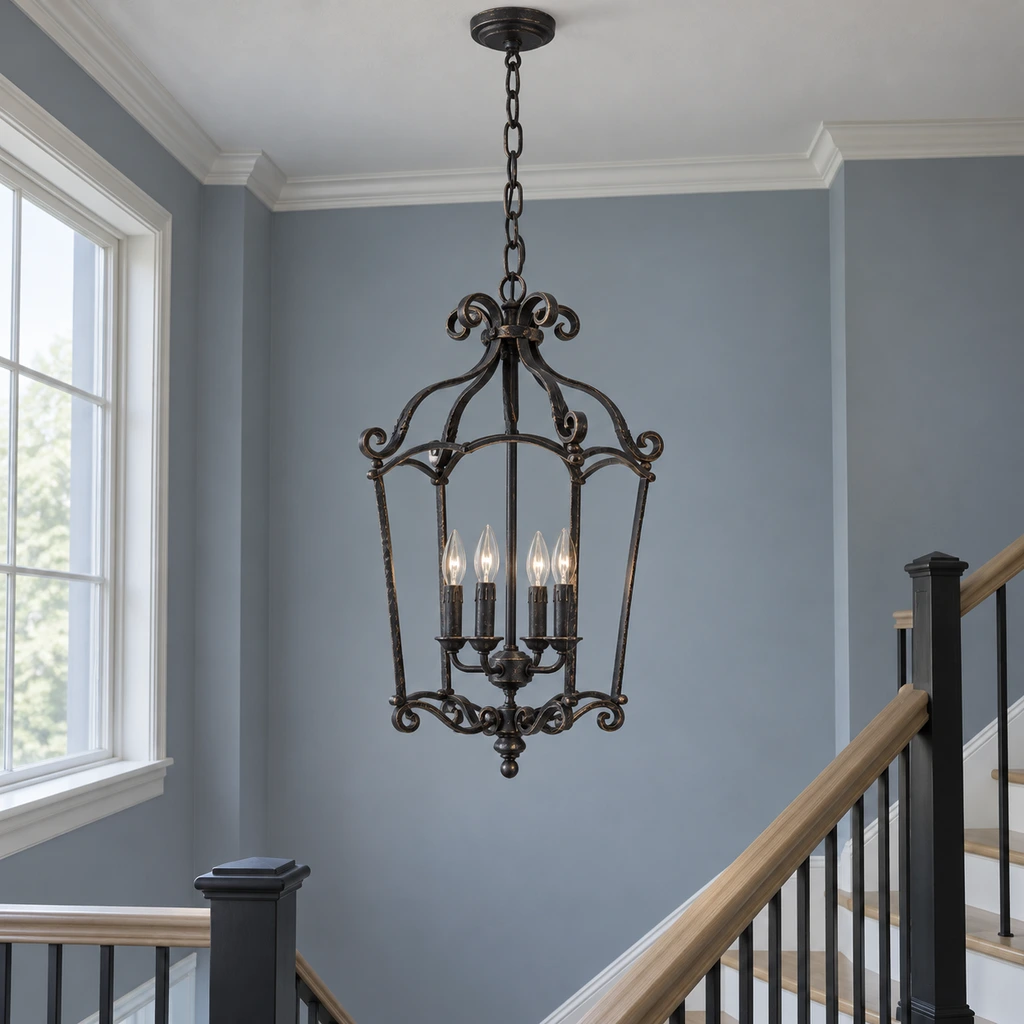 Harrow chandelier at a natural scale in a grand entry hall