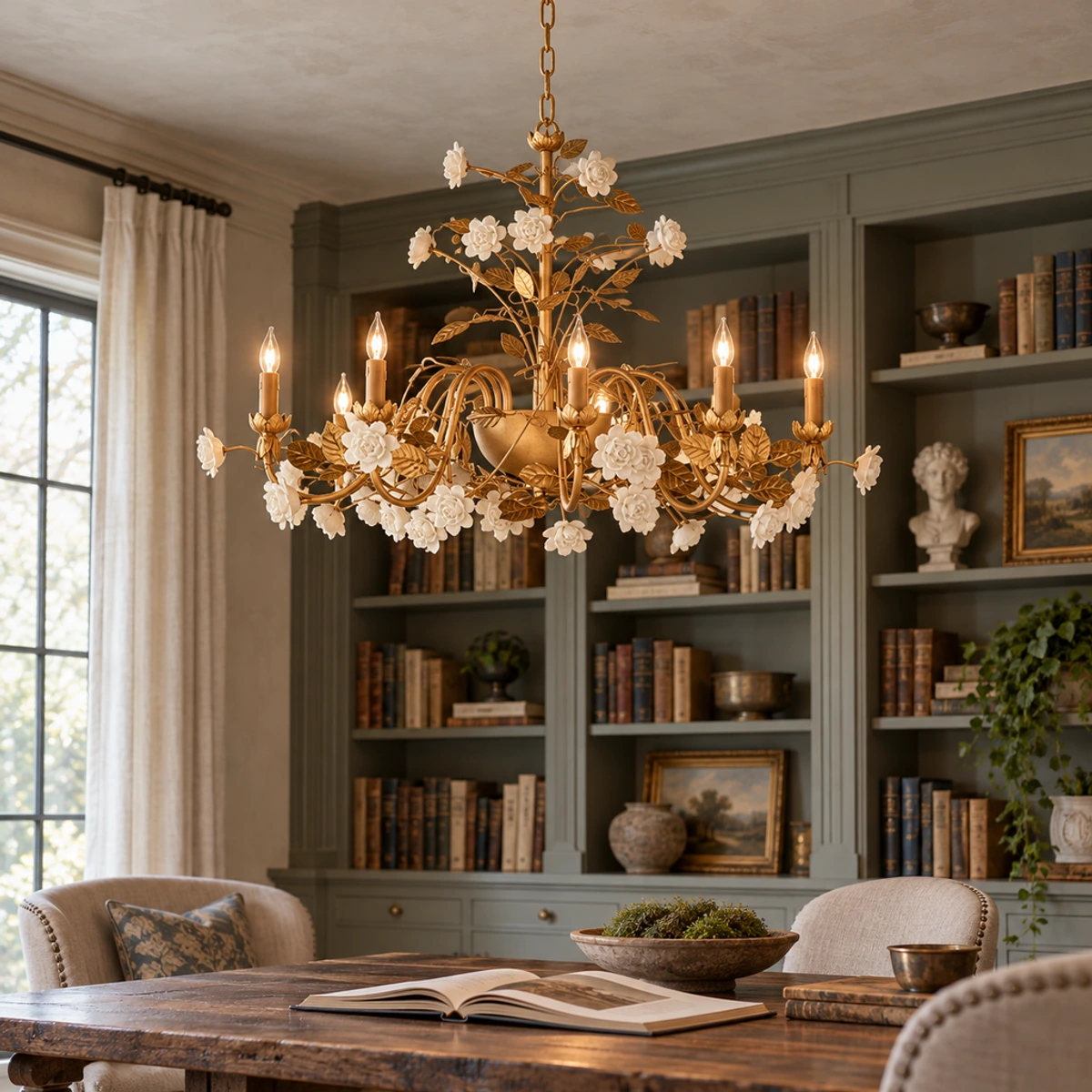 Elara floral ceramic chandelier above a home library table