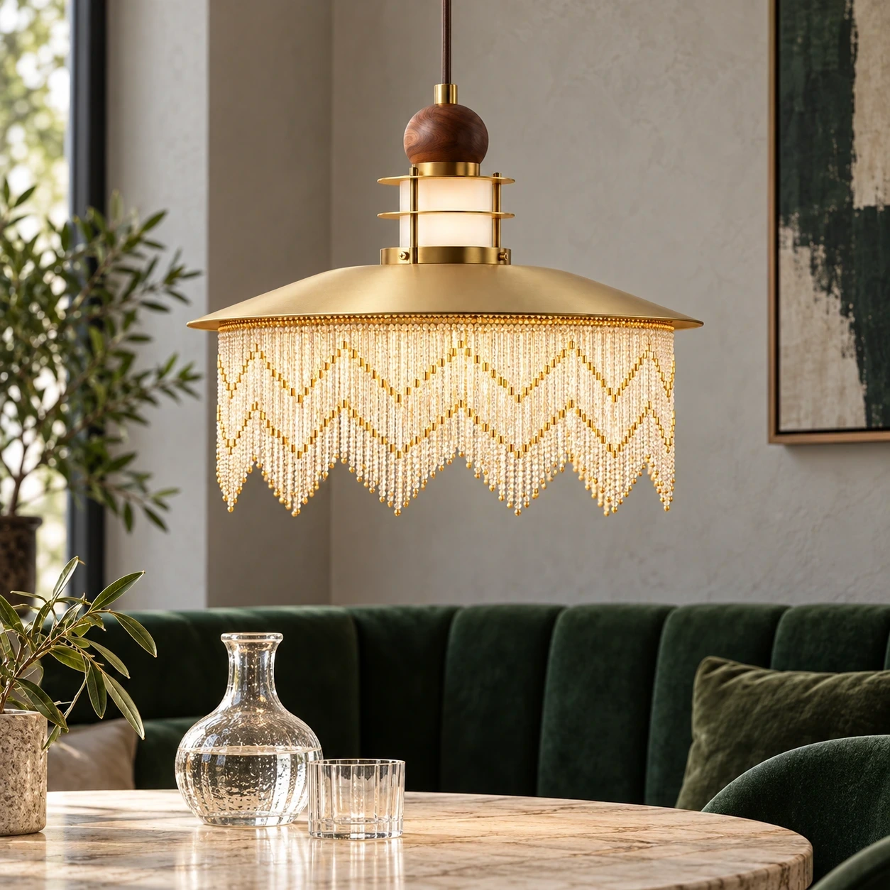 Wushlp Vintage Fringe Wood Pendant Light in a hospitality setting