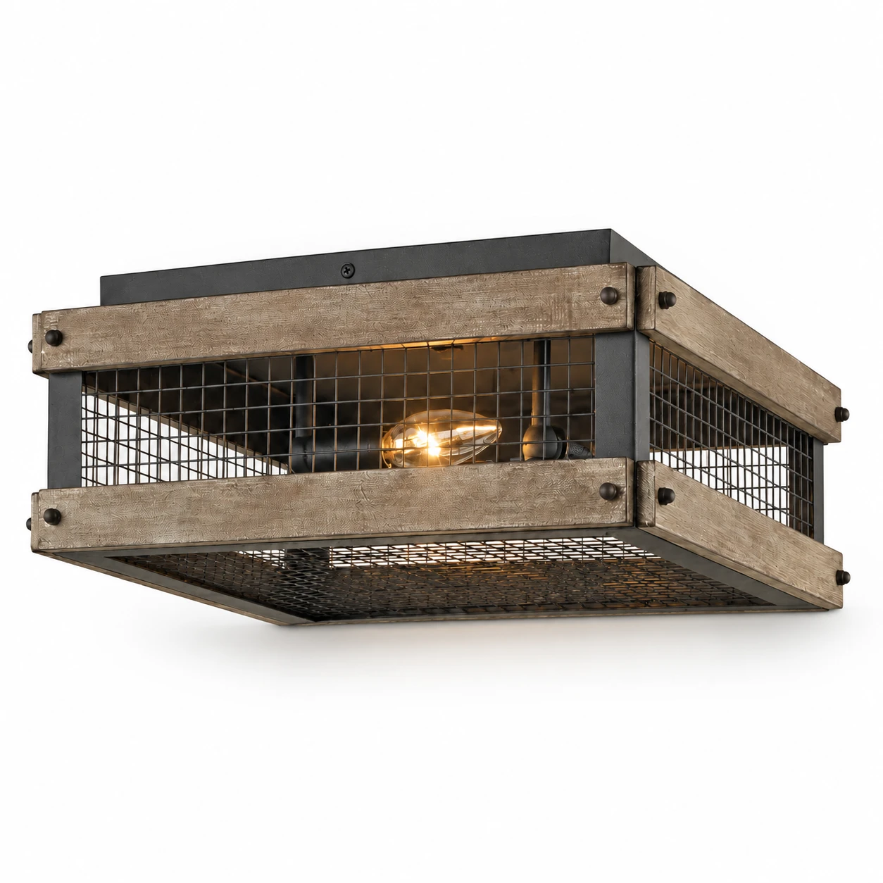 Rustic B caged wood ceiling light on a white background