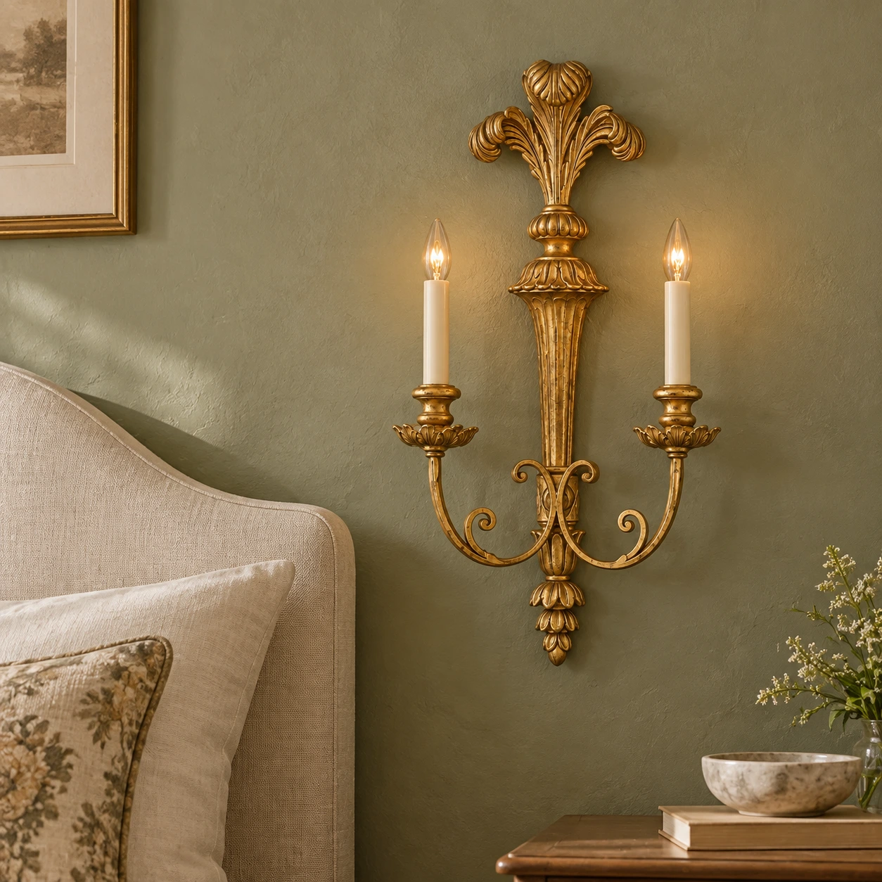 Elara Vintage Double-Candle Wood Wall Sconce — 06 scene bedroom