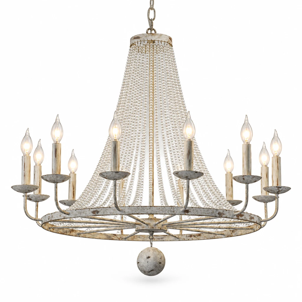 12-light French country crystal bead chandelier on white
