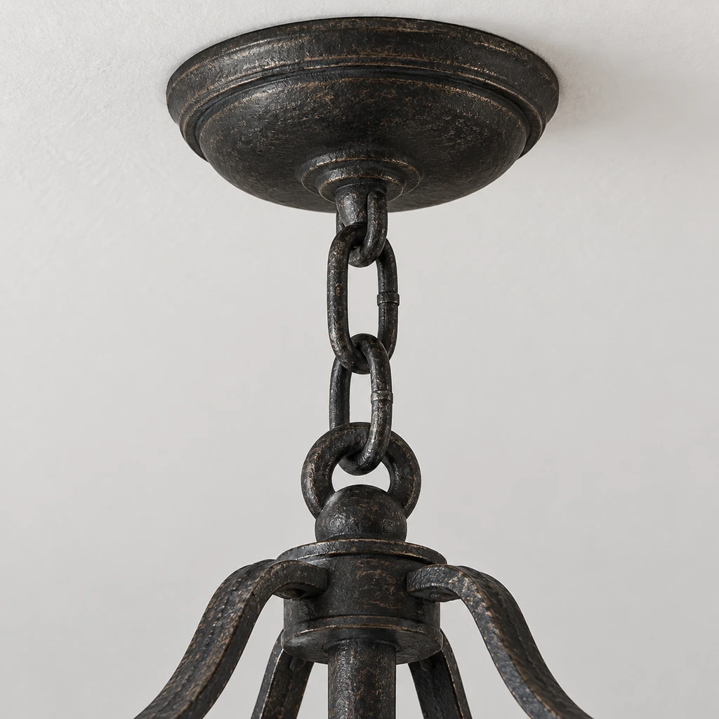 Harrow chandelier with ceiling canopy flush mounted in a curved staircase atrium