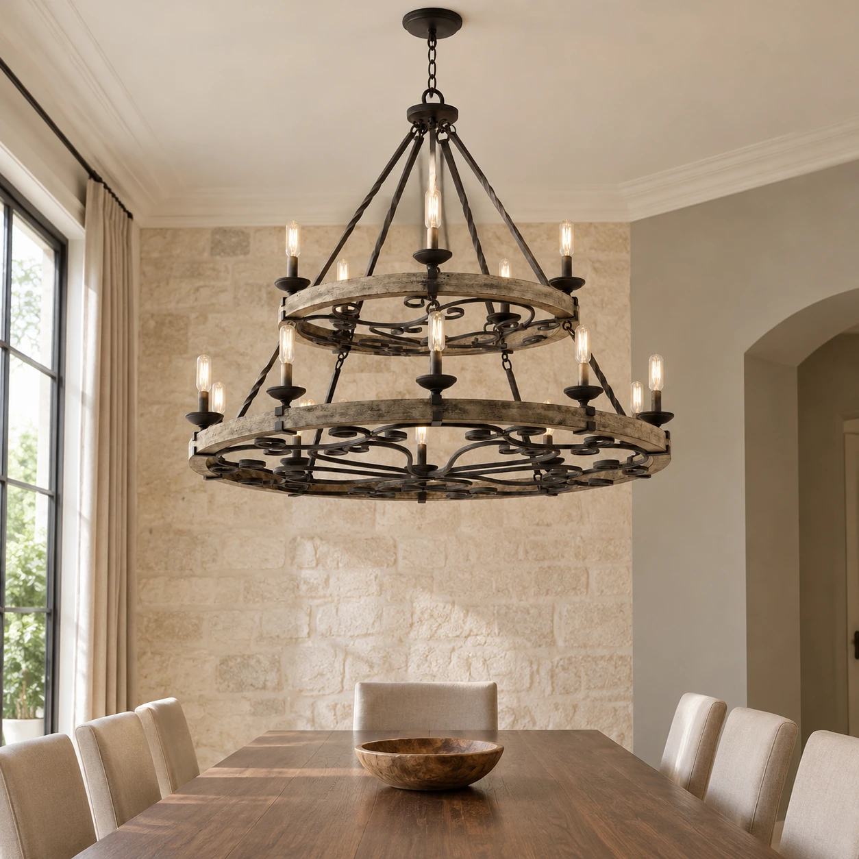 Clara Rustic Wagon-Wheel Wood and Iron Chandelier, scene 15 great room v2