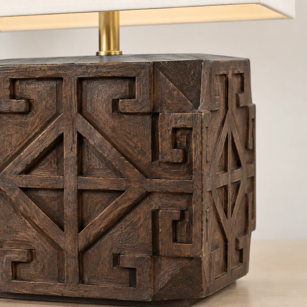 Close detail of the Aurelia lamp carved wood side corner