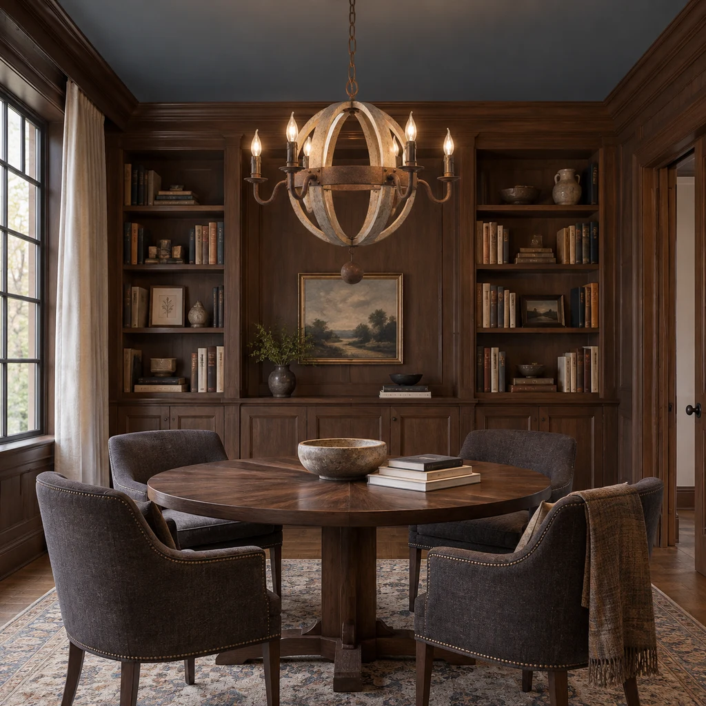 Elowen six-light orb chandelier at realistic scale above a round table in a deep-walnut library