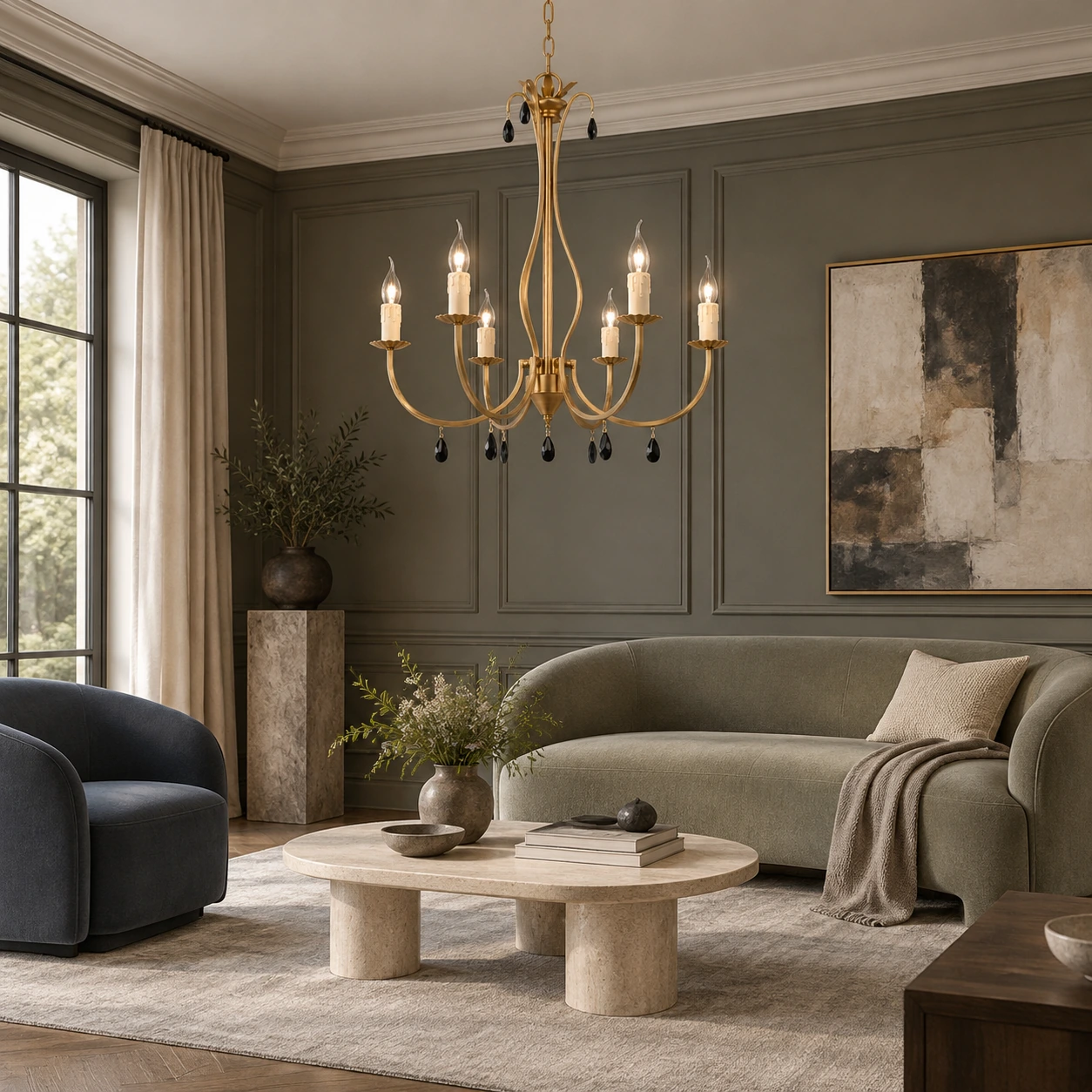 Celeste vintage gold chandelier in an olive-gray salon