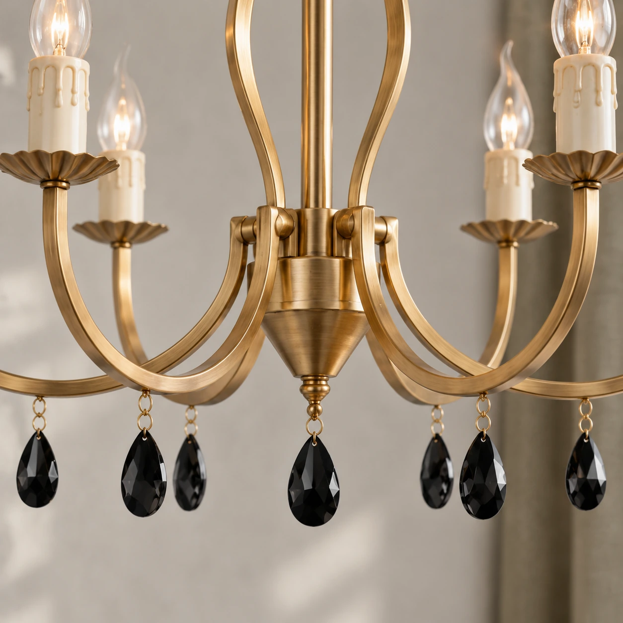 Close view of the Celeste chandelier lower finial and crystal drops