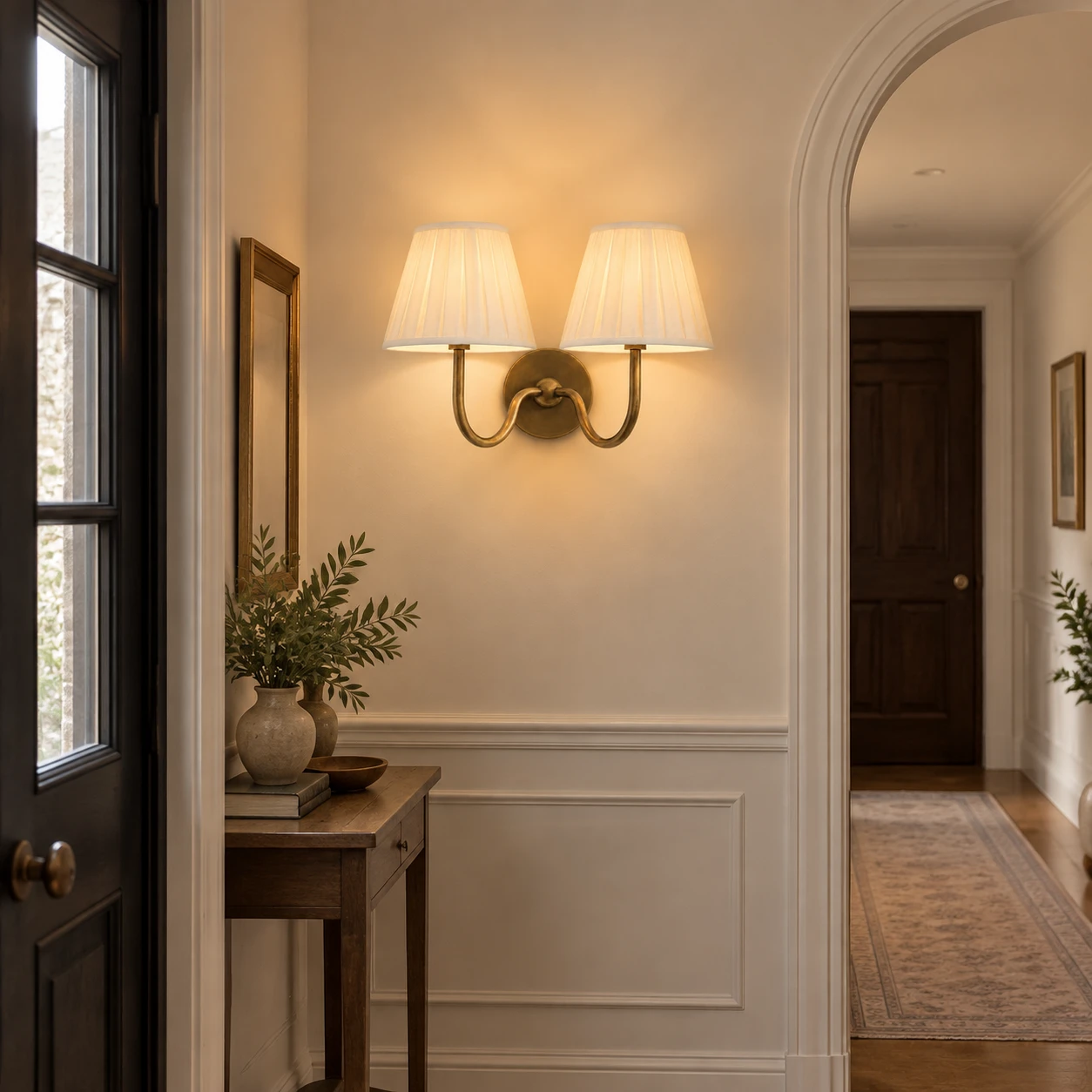 American Rustic Fabric Light in a small hotel corridor or landing with credible ceiling height