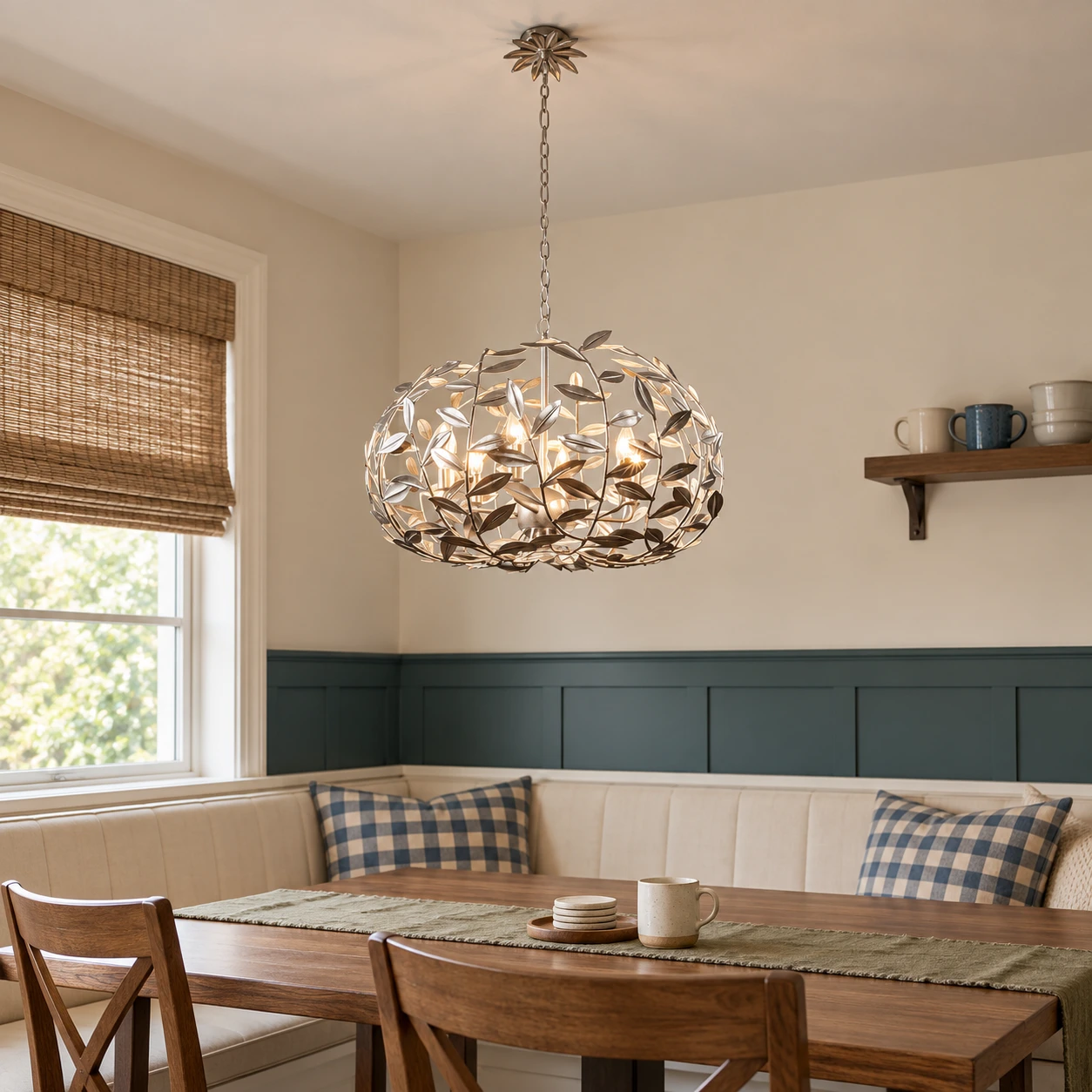 Elise French Leaf-Wreath Iron Chandelier — Silver leaf-wreath chandelier in a dining nook