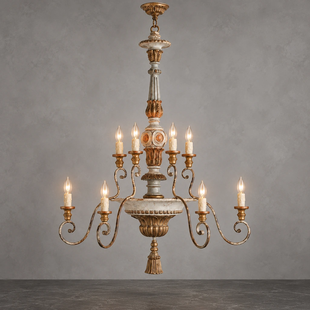 Aveline carved wood and iron chandelier illuminated in studio
