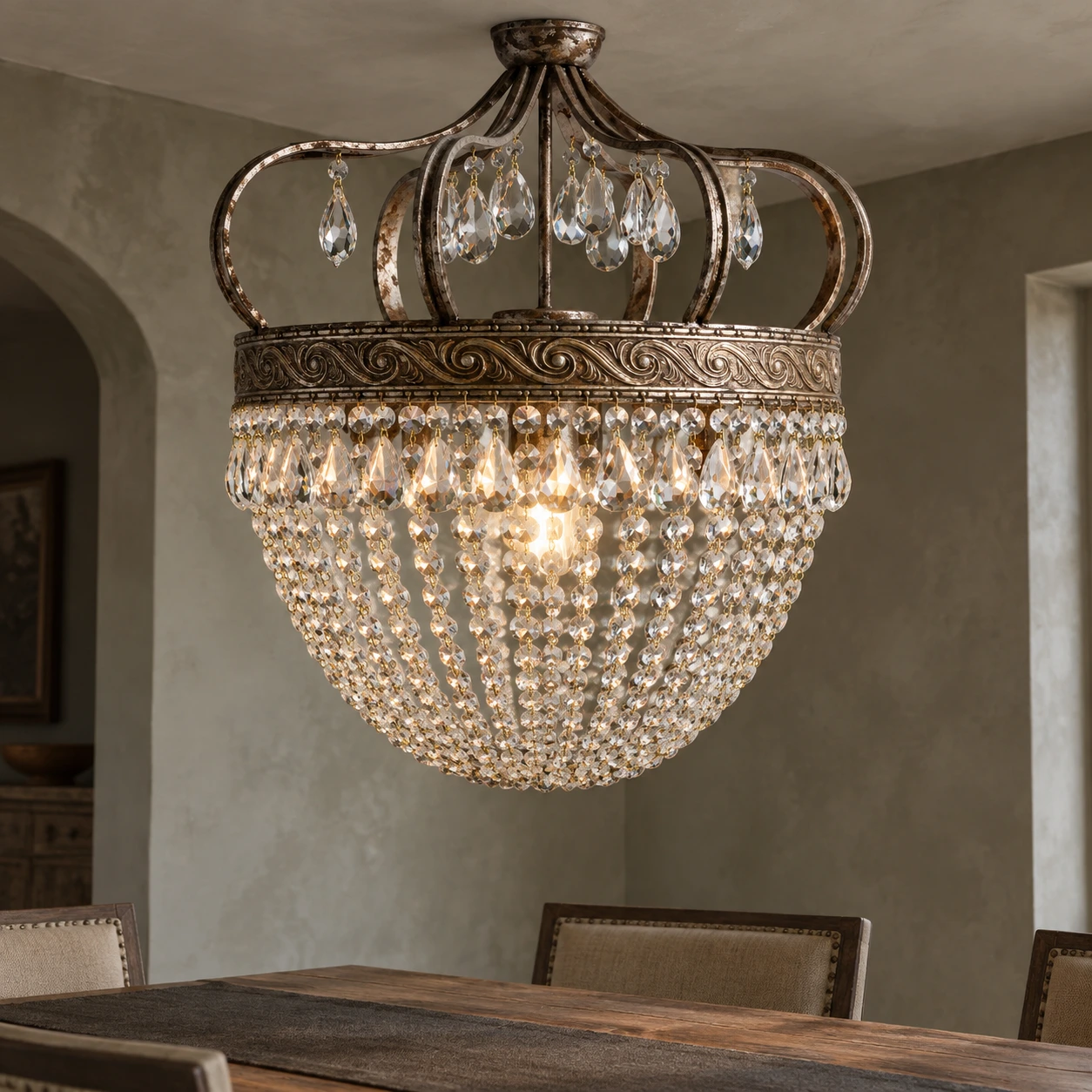 Iris Vintage Crown Iron-and-Crystal Chandelier — 05 scene dining