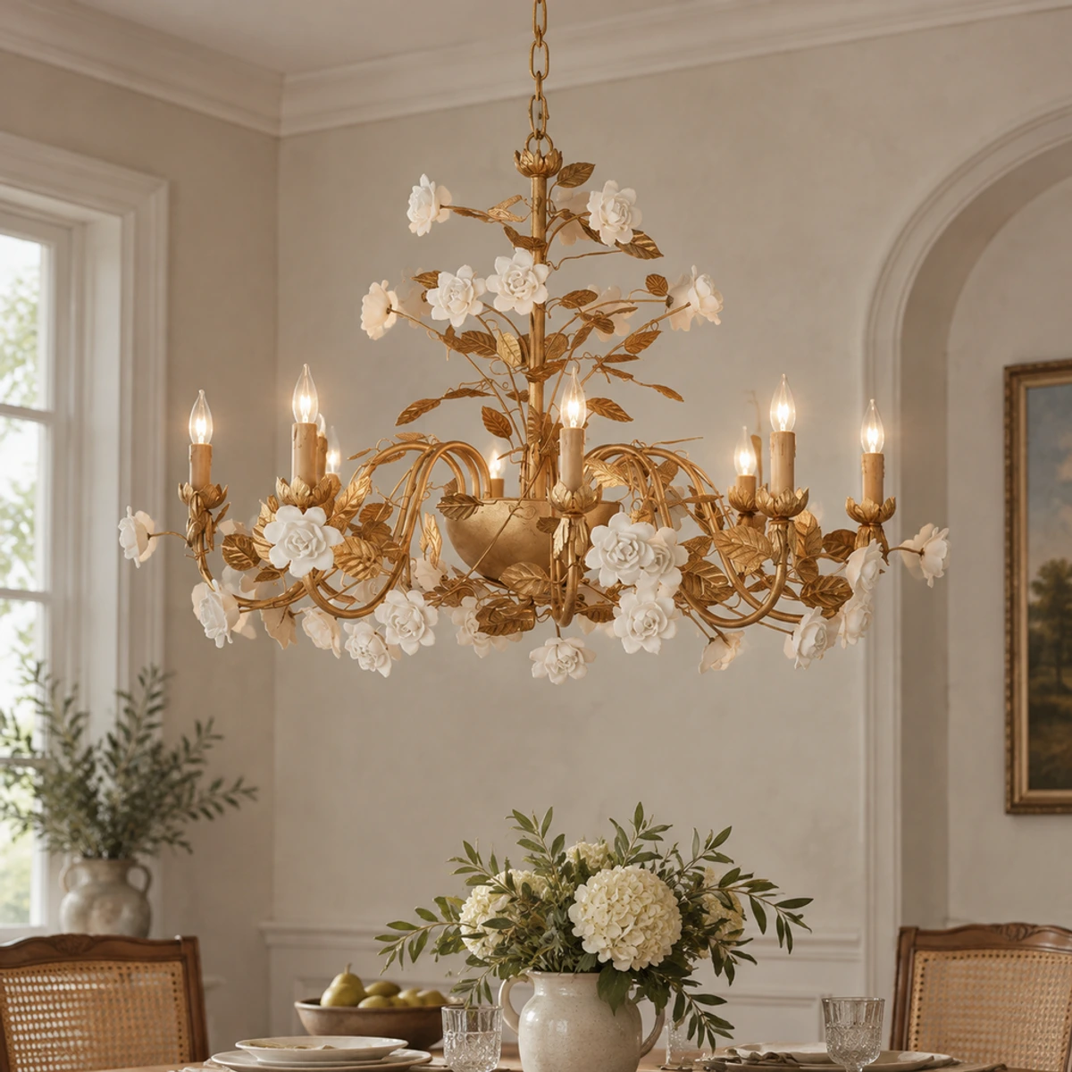 Elara American Rustic floral ceramic chandelier in a quiet mineral-plaster setting
