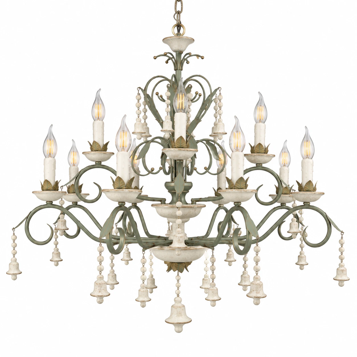 Gray Green Gold finish with curved painted iron arms and gold accents