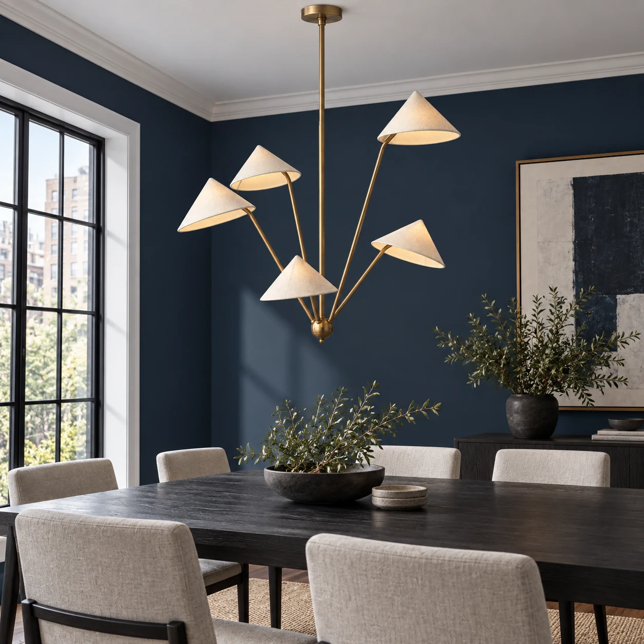 Five-light fabric shade pendant, urban apartment dining scene