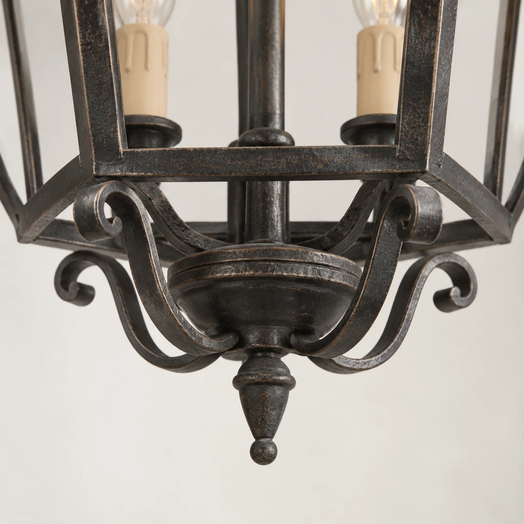 Harrow six-light iron chandelier illuminated in a neutral studio