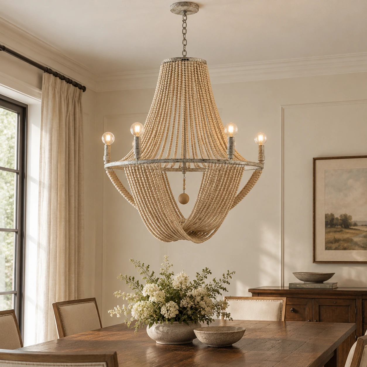Six-light Elena wood bead chandelier above a dining table