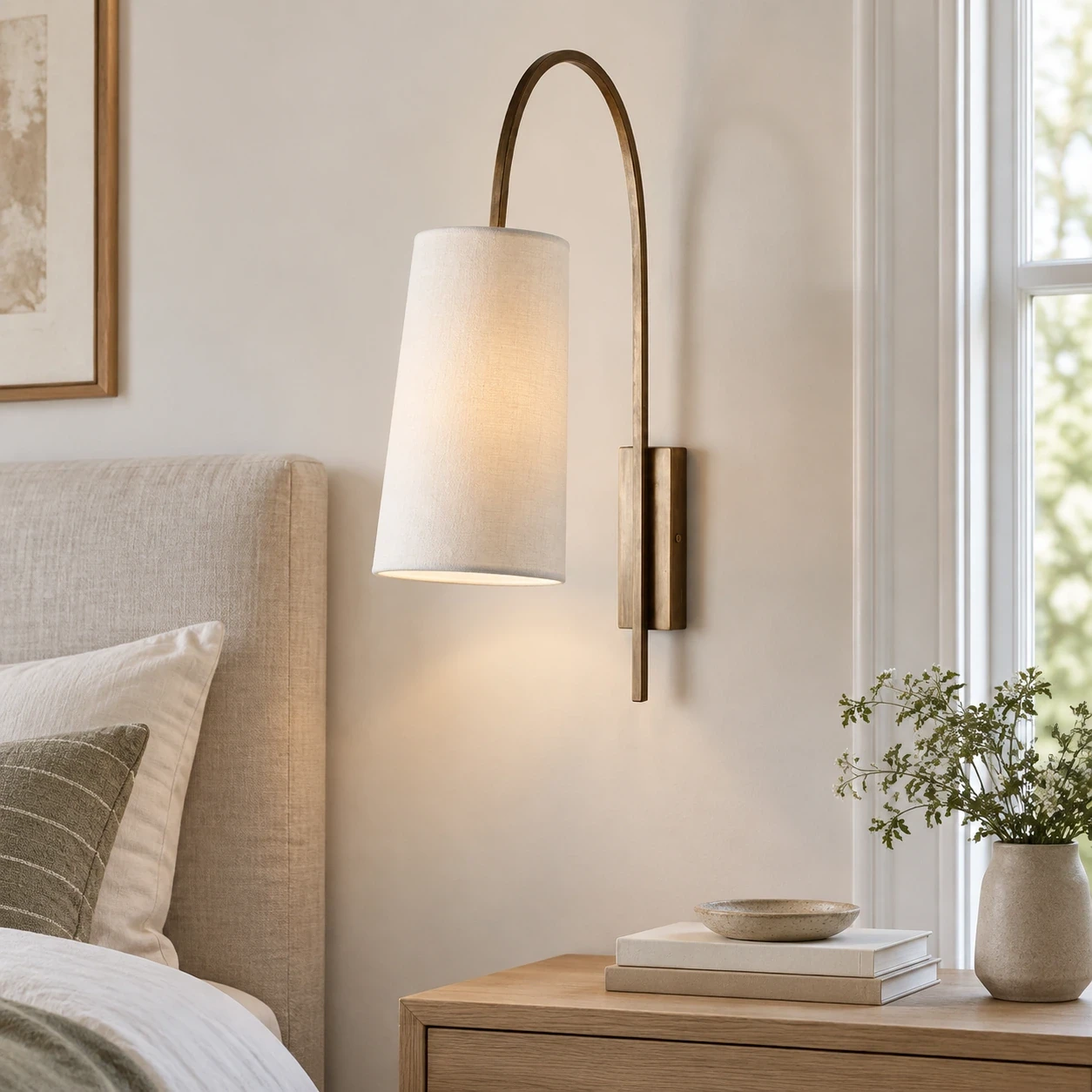 Antique Gold fabric wall sconce beside a bed