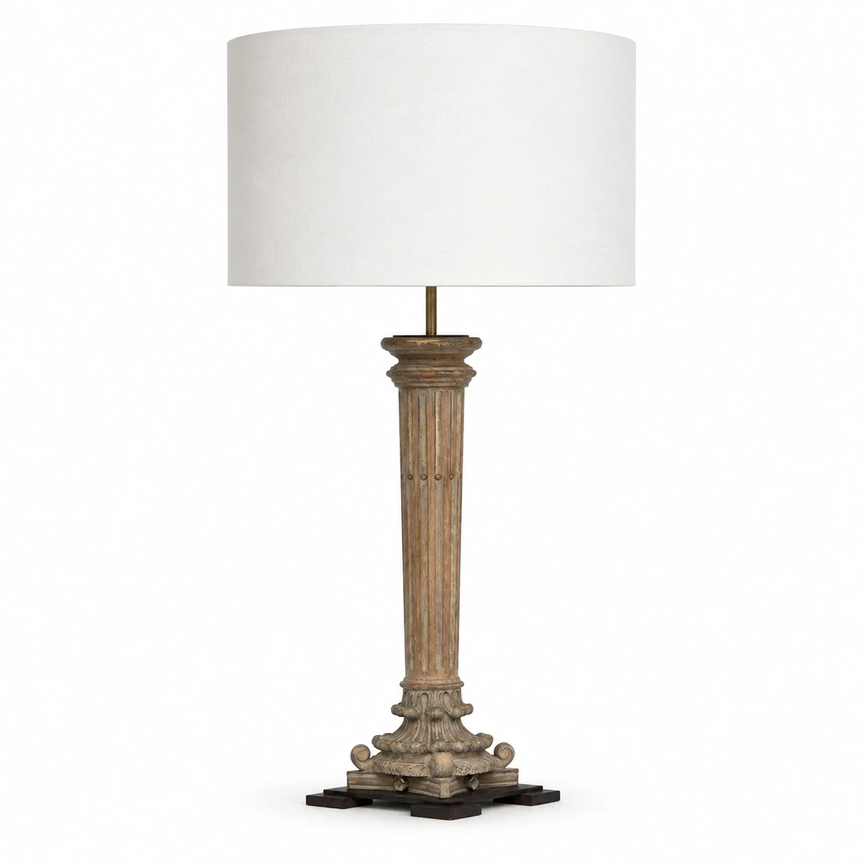 Front view of Aveline carved wood table lamp with fabric shade on white background