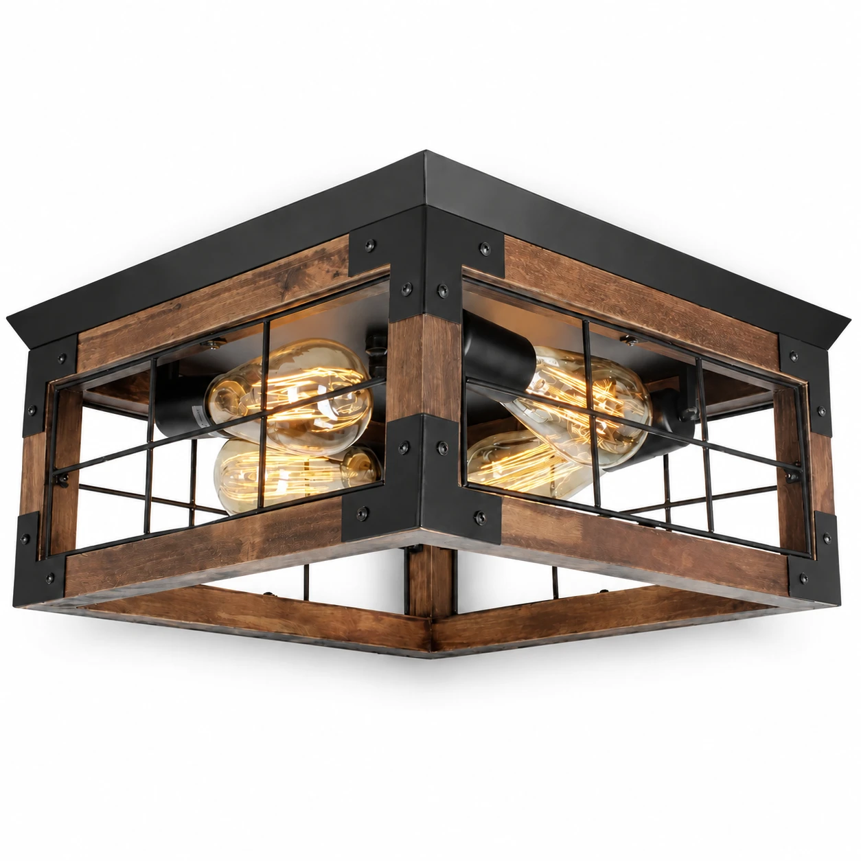 Rustic C caged wood ceiling light on a white background