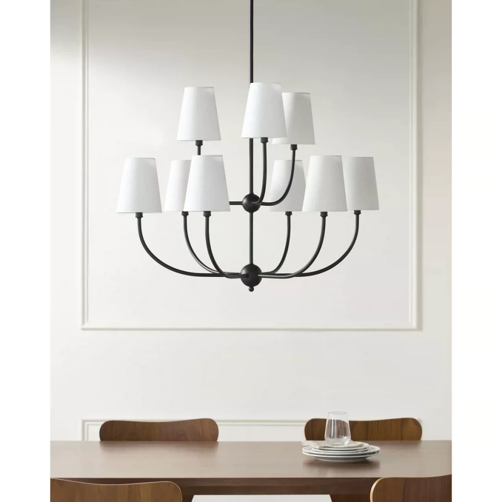 Black nine-light branch chandelier with fabric shades on a white background