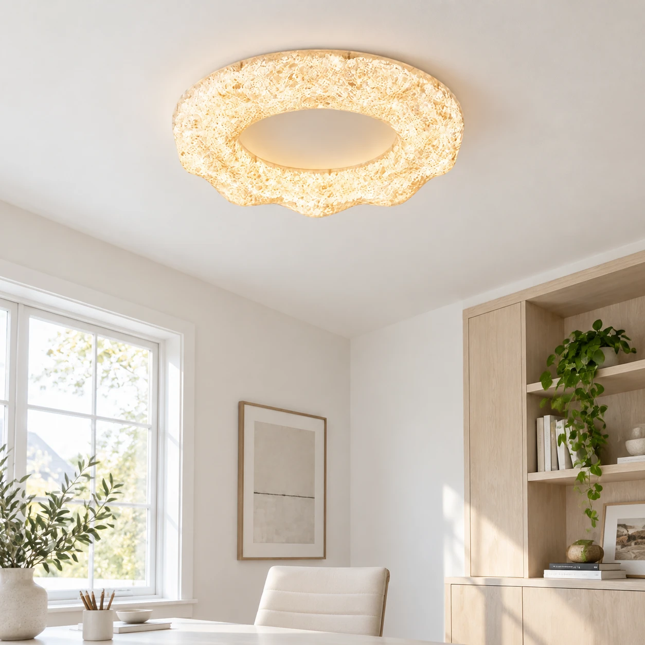 Clara sand white sculpted resin flush mount ceiling light in a home office