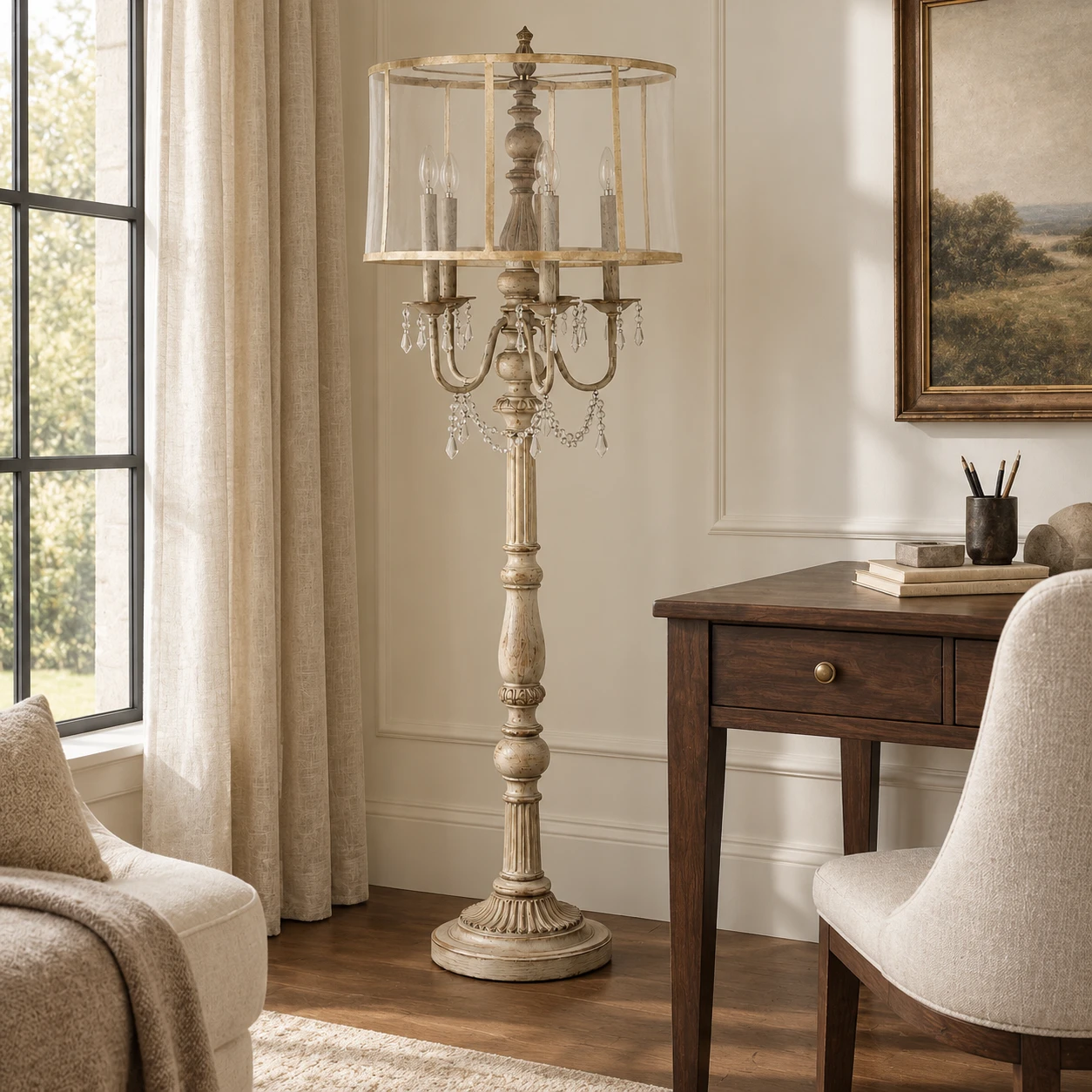 Five-light carved wood floor lamp in a boutique suite