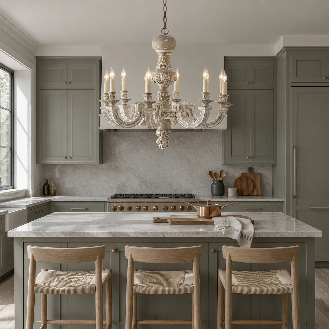 Eight-light distressed wood chandelier above a kitchen island