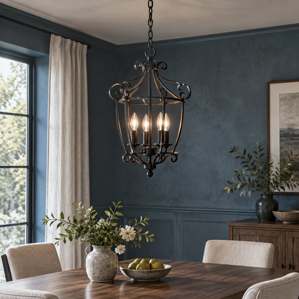 Harrow chandelier above a long oak dining table