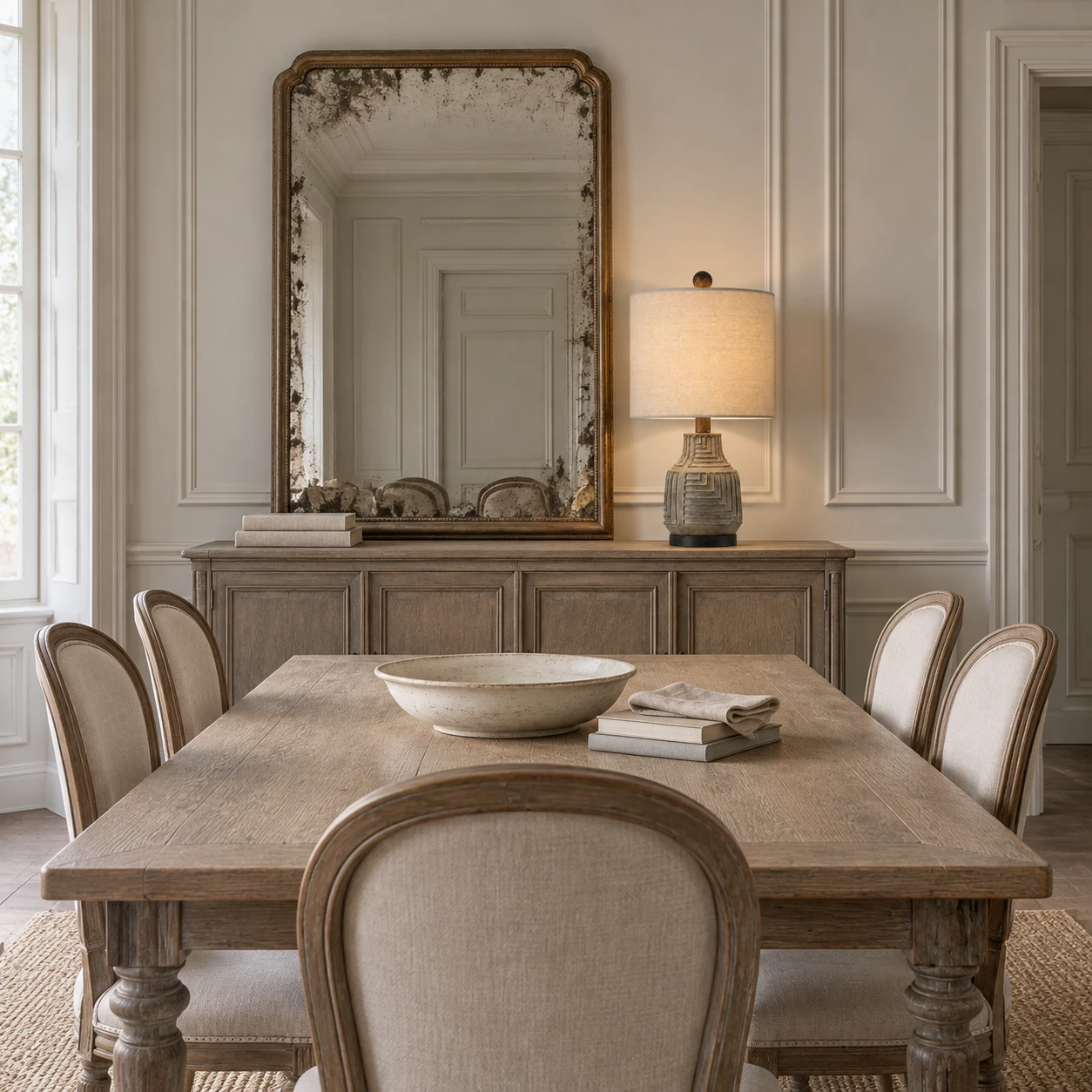 Carved wood table lamp on a dining room buffet