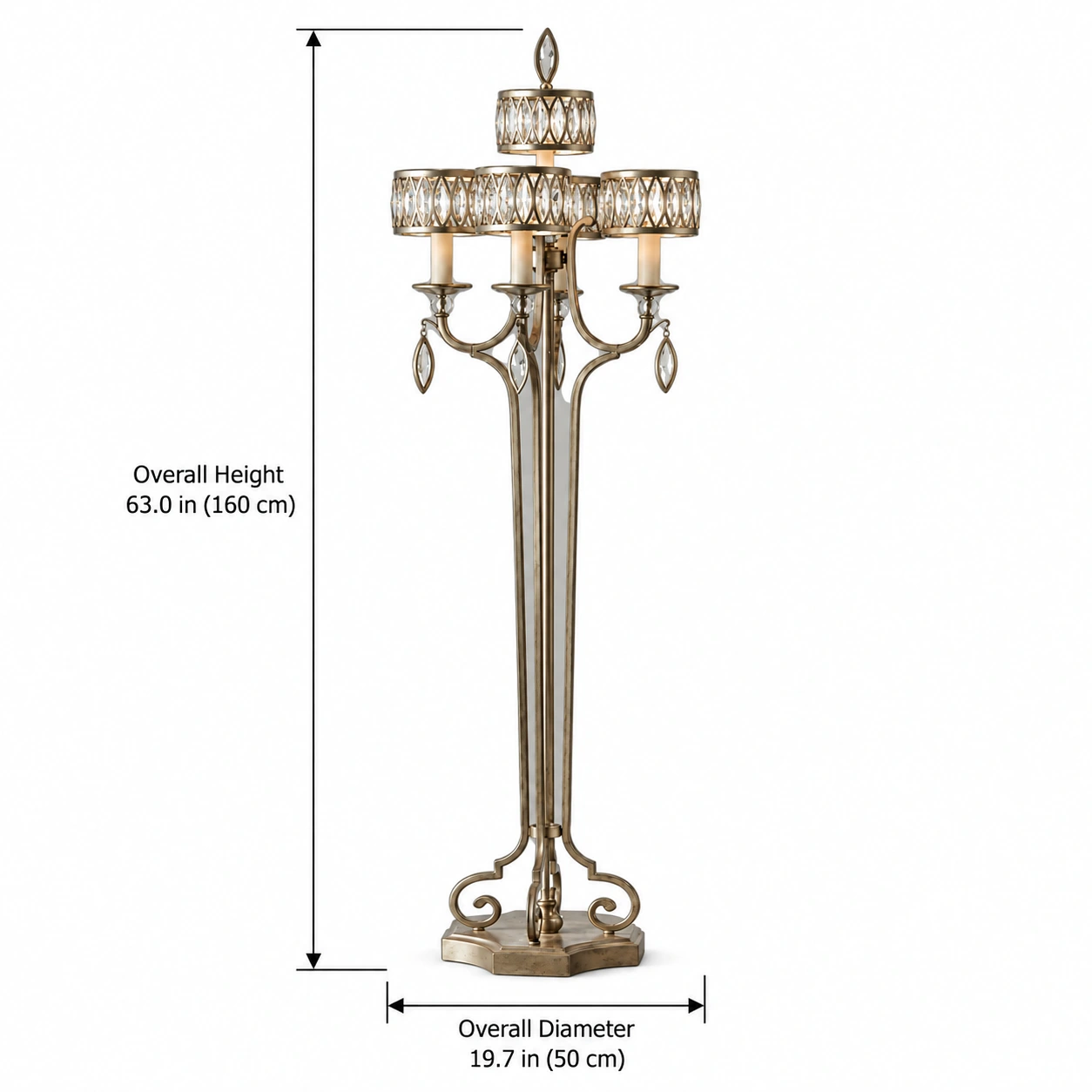 Floor lamp dimensions: overall diameter 19.7 in (50 cm), overall height 63.0 in (160 cm)