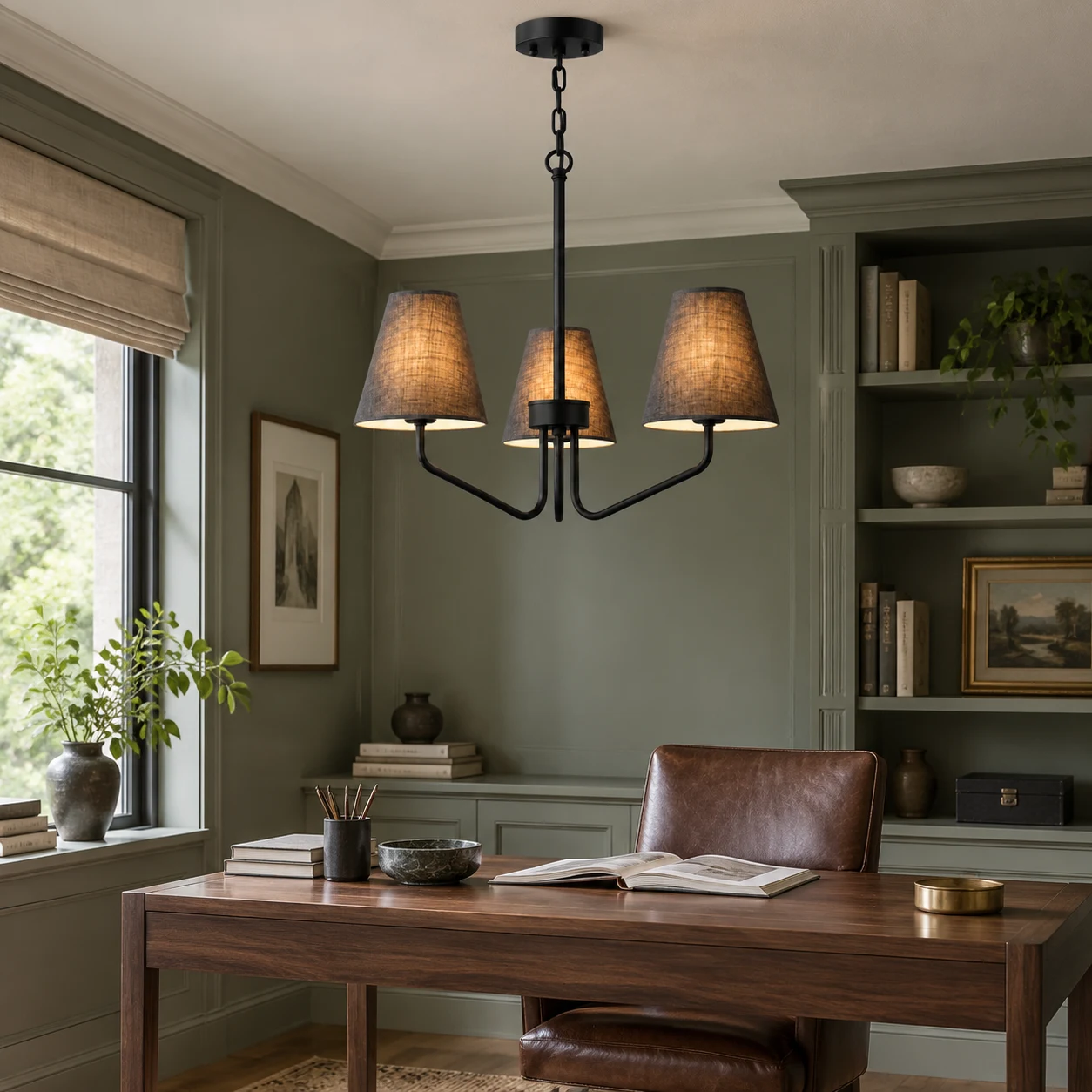 Lucia black iron branching fabric-shade chandelier in a reading study