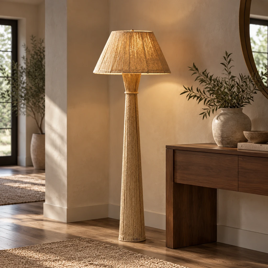 Dahlia woven floor lamp beside an entry console